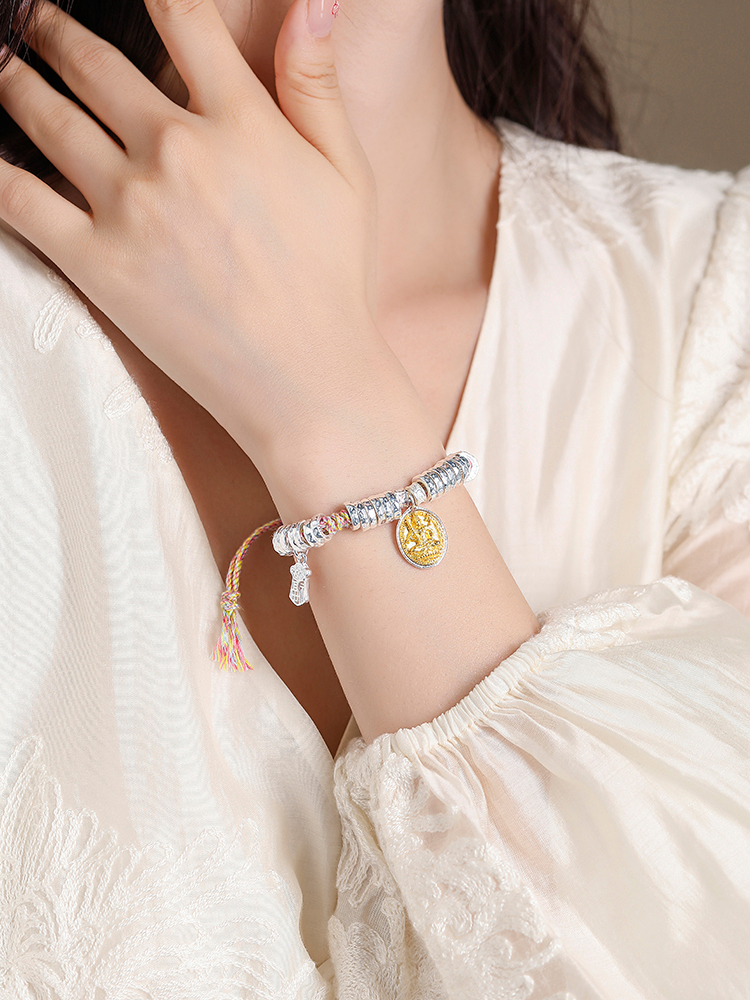 Classy Sterling Silver Bracelet for Women with Yellow财神 Woven Cord Ornament - Elegant Fashion Accessory Classy Sterling Silver Bracelet for Women with Yellow财神 Woven Cord Ornament - Elegant Fashion Accessory