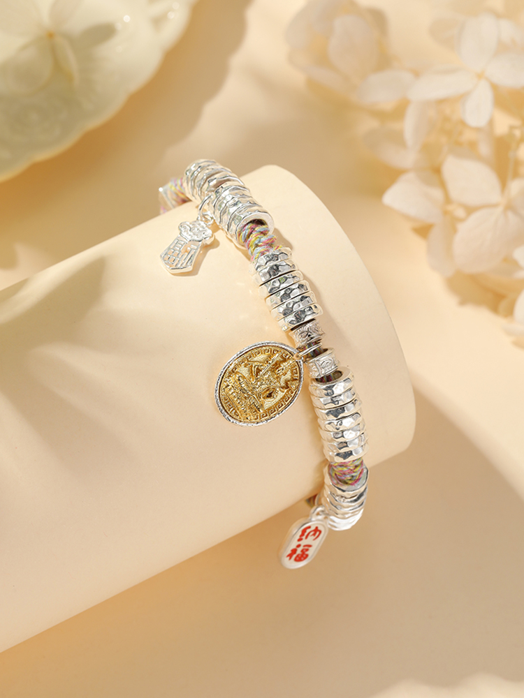 Classy Sterling Silver Bracelet for Women with Yellow财神 Woven Cord Ornament - Elegant Fashion Accessory Classy Sterling Silver Bracelet for Women with Yellow财神 Woven Cord Ornament - Elegant Fashion Accessory