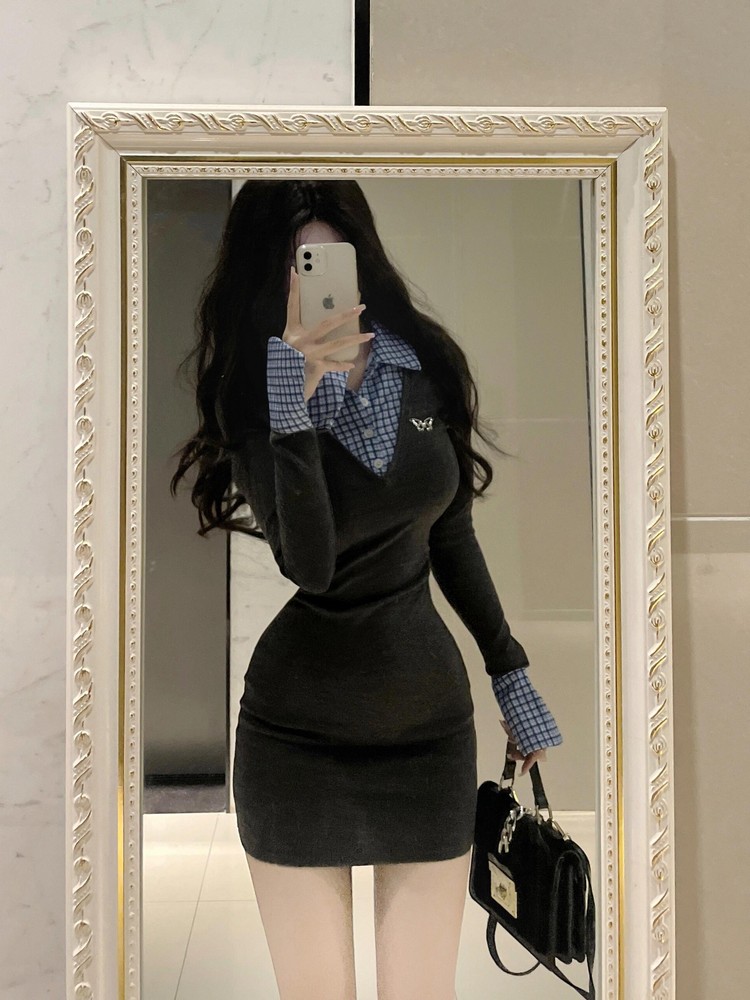 College Style Patchwork Faux Two-Piece Knitted Dress for Women - Waist-Cinching Bodycon Skirt for Spring Fashion College Style Patchwork Faux Two-Piece Knitted Dress for Women - Waist-Cinching Bodycon Skirt for Spring Fashion