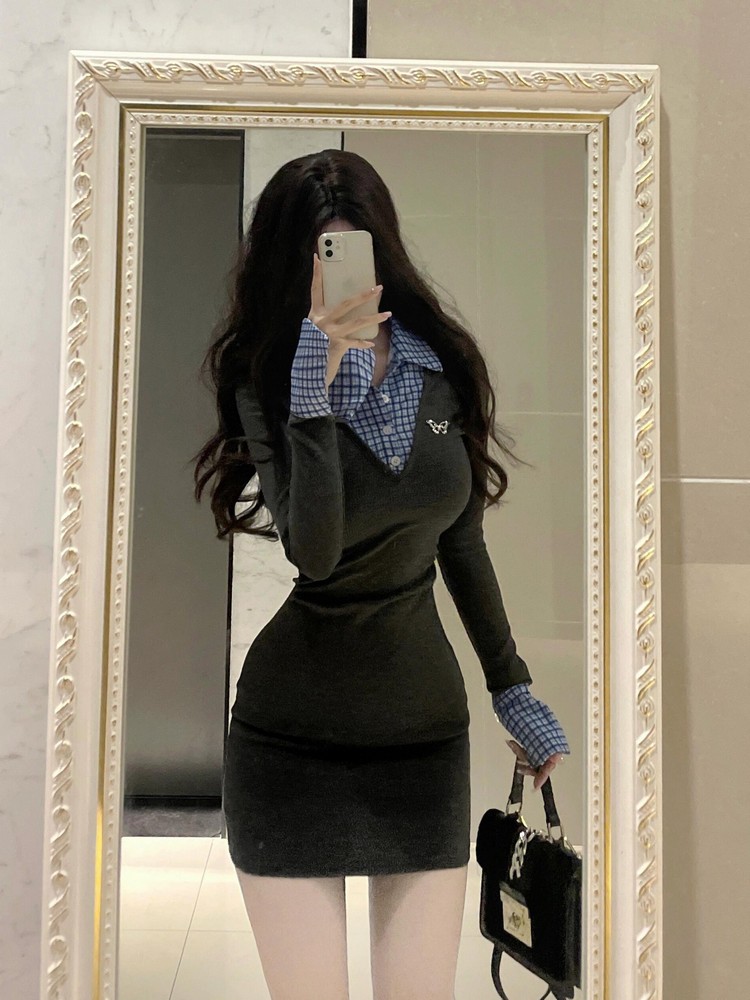 College Style Patchwork Faux Two-Piece Knitted Dress for Women - Waist-Cinching Bodycon Skirt for Spring Fashion College Style Patchwork Faux Two-Piece Knitted Dress for Women - Waist-Cinching Bodycon Skirt for Spring Fashion