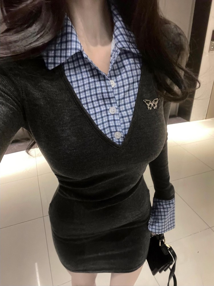 College Style Patchwork Faux Two-Piece Knitted Dress for Women - Waist-Cinching Bodycon Skirt for Spring Fashion College Style Patchwork Faux Two-Piece Knitted Dress for Women - Waist-Cinching Bodycon Skirt for Spring Fashion