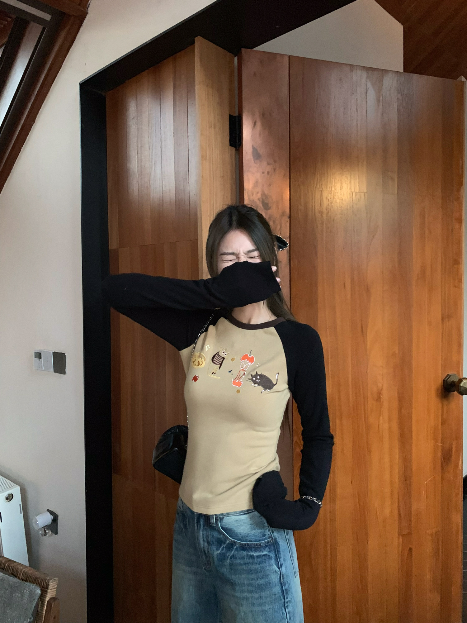 Color Block Embroidered Raglan Long Sleeve T-Shirt for Women - Little Jun Jun Britney Elf Apple Cat, Y2K Style, Unique Design Color Block Embroidered Raglan Long Sleeve T-Shirt for Women - Little Jun Jun Britney Elf Apple Cat, Y2K Style, Unique Design