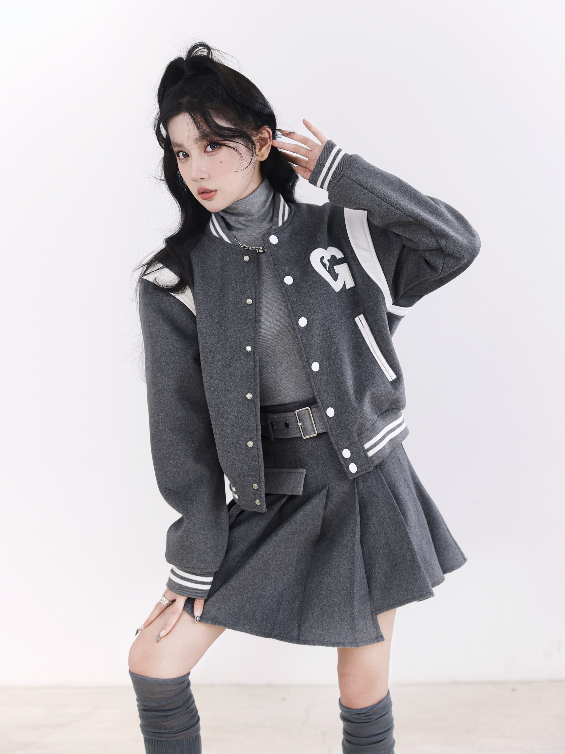 Color Block Gray American Baseball Wool Jacket - 50s American College Style, Vintage-Inspired Outerwear for a Retro Look