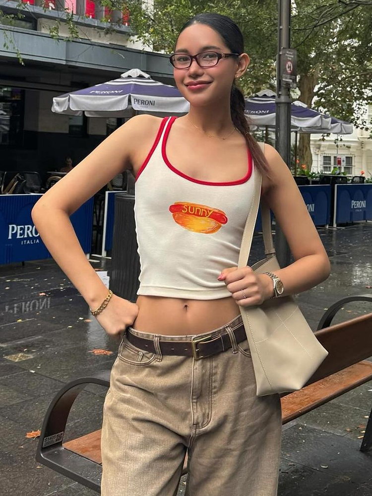 Color-Block Hot Dog Print Cami Top for Women - Thai Sweet and Spicy Summer Short Top - Trendy 90s Inspired Weird Girl Style Color-Block Hot Dog Print Cami Top for Women - Thai Sweet and Spicy Summer Short Top - Trendy 90s Inspired Weird Girl Style