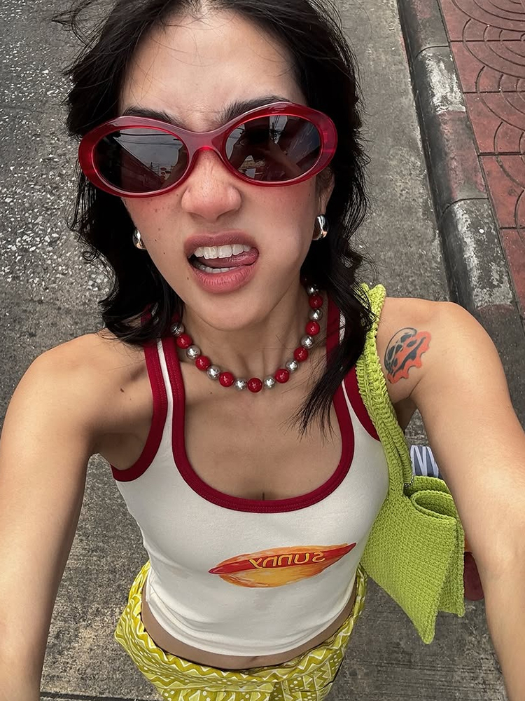 Color-Block Hot Dog Print Cami Top for Women - Thai Sweet and Spicy Summer Short Top - Trendy 90s Inspired Weird Girl Style Color-Block Hot Dog Print Cami Top for Women - Thai Sweet and Spicy Summer Short Top - Trendy 90s Inspired Weird Girl Style