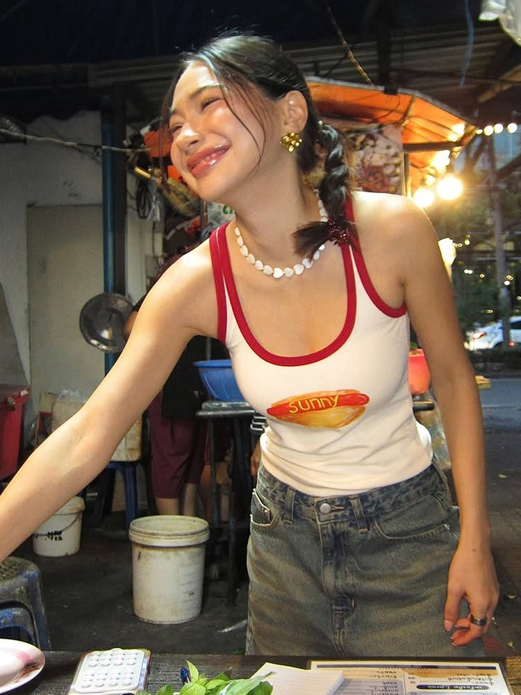 Color-Block Hot Dog Print Cami Top for Women - Thai Sweet and Spicy Summer Short Top - Trendy 90s Inspired Weird Girl Style Color-Block Hot Dog Print Cami Top for Women - Thai Sweet and Spicy Summer Short Top - Trendy 90s Inspired Weird Girl Style