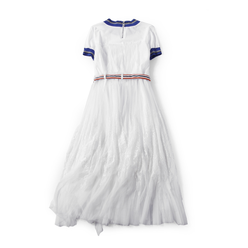 Color-Block Knitted Round Neck Pleated Mesh Lace Split Waist Belt Long Casual Dress for Summer - European Style Fashion Color-Block Knitted Round Neck Pleated Mesh Lace Split Waist Belt Long Casual Dress for Summer - European Style Fashion