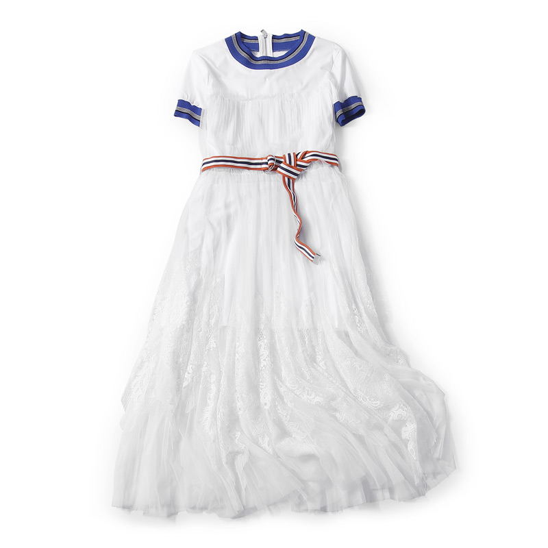 Color-Block Knitted Round Neck Pleated Mesh Lace Split Waist Belt Long Casual Dress for Summer - European Style Fashion Color-Block Knitted Round Neck Pleated Mesh Lace Split Waist Belt Long Casual Dress for Summer - European Style Fashion