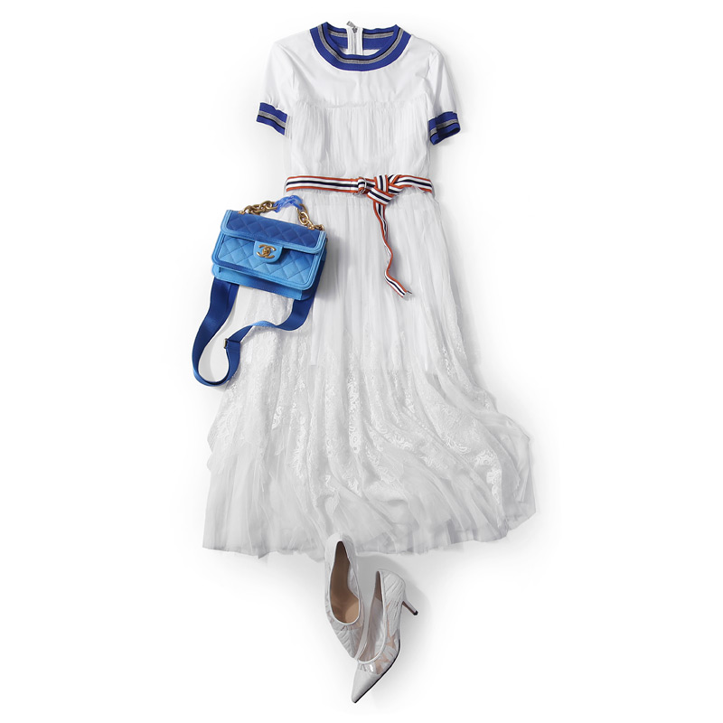 Color-Block Knitted Round Neck Pleated Mesh Lace Split Waist Belt Long Casual Dress for Summer - European Style Fashion Color-Block Knitted Round Neck Pleated Mesh Lace Split Waist Belt Long Casual Dress for Summer - European Style Fashion