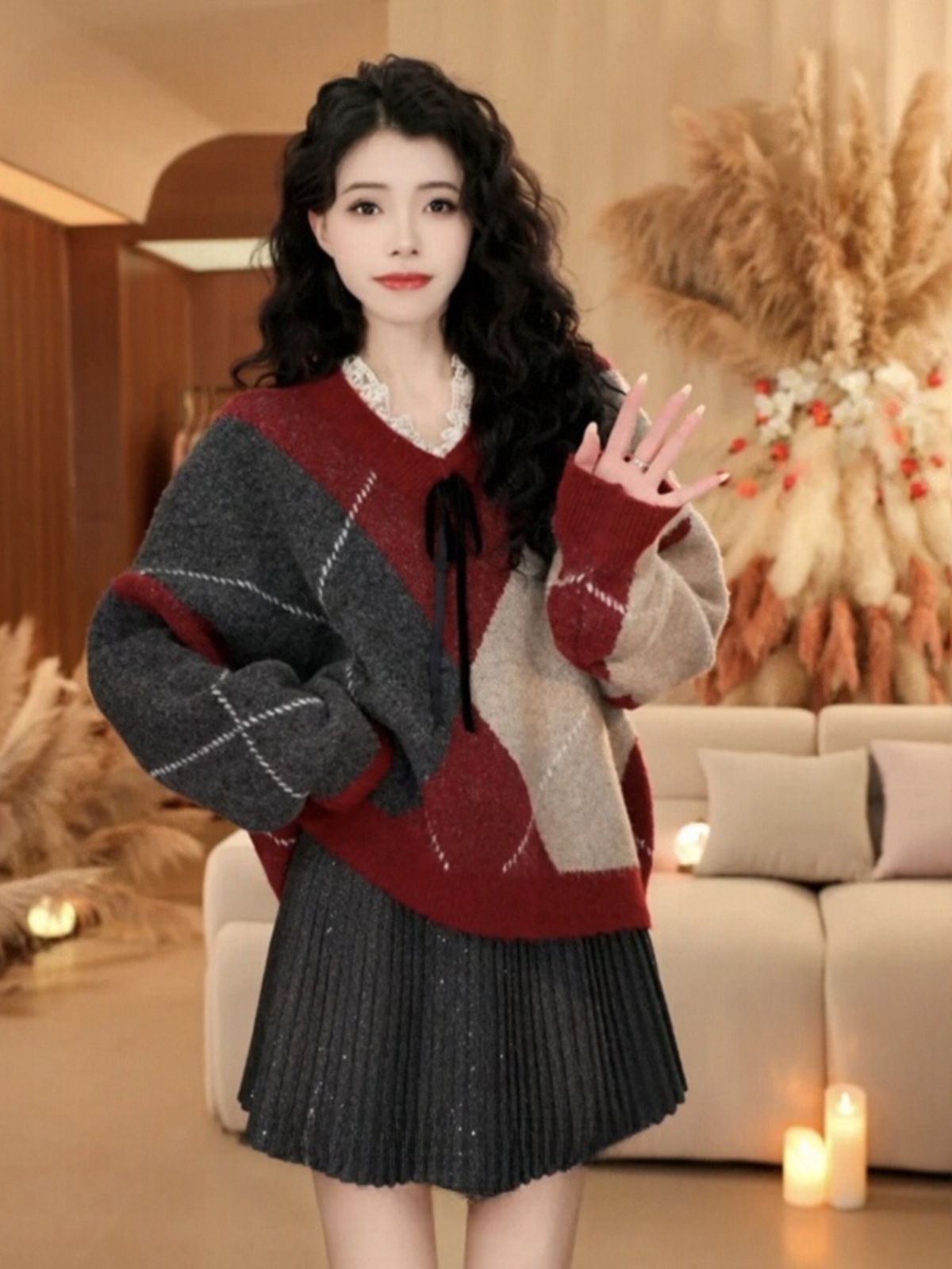 Color-Block Lace Spliced V-Neck Sweater for Women - Winter Knitted Top in New Year Atmosphere, Casual Lazy Style Color-Block Lace Spliced V-Neck Sweater for Women - Winter Knitted Top in New Year Atmosphere, Casual Lazy Style