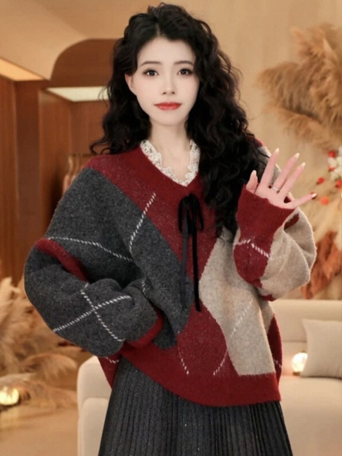 Color-Block Lace Spliced V-Neck Sweater for Women - Winter Knitted Top in New Year Atmosphere, Casual Lazy Style Color-Block Lace Spliced V-Neck Sweater for Women - Winter Knitted Top in New Year Atmosphere, Casual Lazy Style