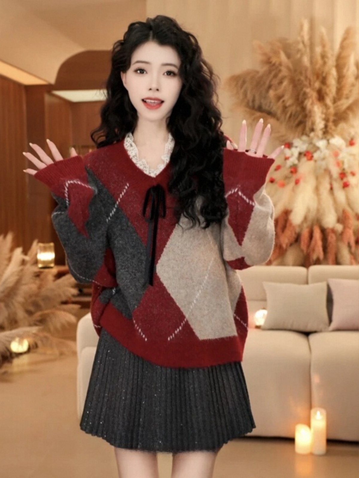 Color-Block Lace Spliced V-Neck Sweater for Women - Winter Knitted Top in New Year Atmosphere, Casual Lazy Style Color-Block Lace Spliced V-Neck Sweater for Women - Winter Knitted Top in New Year Atmosphere, Casual Lazy Style