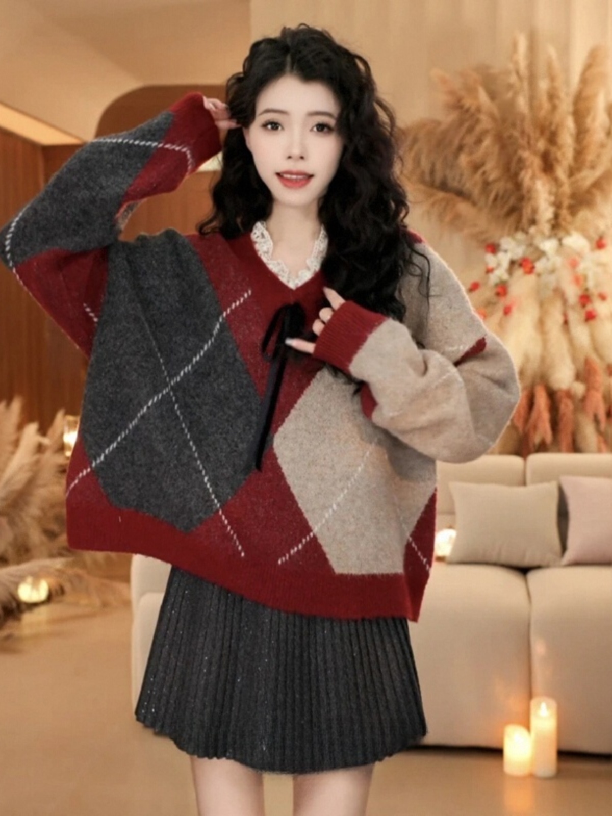 Color-Block Lace Spliced V-Neck Sweater for Women - Winter Knitted Top in New Year Atmosphere, Casual Lazy Style Color-Block Lace Spliced V-Neck Sweater for Women - Winter Knitted Top in New Year Atmosphere, Casual Lazy Style