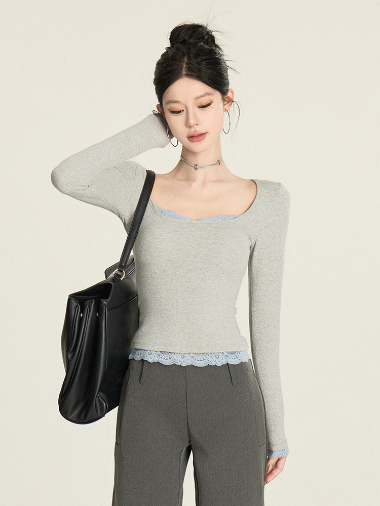 Color-Block Lace Top for Women - Sexy Slim-Fit Faux Two-Piece Long Sleeve Square Neck Short T-Shirt - Y2K Style Color-Block Lace Top for Women - Sexy Slim-Fit Faux Two-Piece Long Sleeve Square Neck Short T-Shirt - Y2K Style