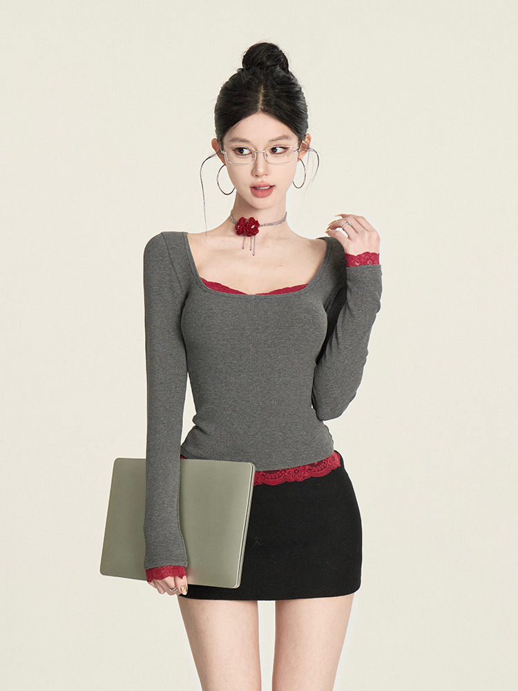 Color-Block Lace Top for Women - Sexy Slim-Fit Faux Two-Piece Long Sleeve Square Neck Short T-Shirt - Y2K Style Color-Block Lace Top for Women - Sexy Slim-Fit Faux Two-Piece Long Sleeve Square Neck Short T-Shirt - Y2K Style