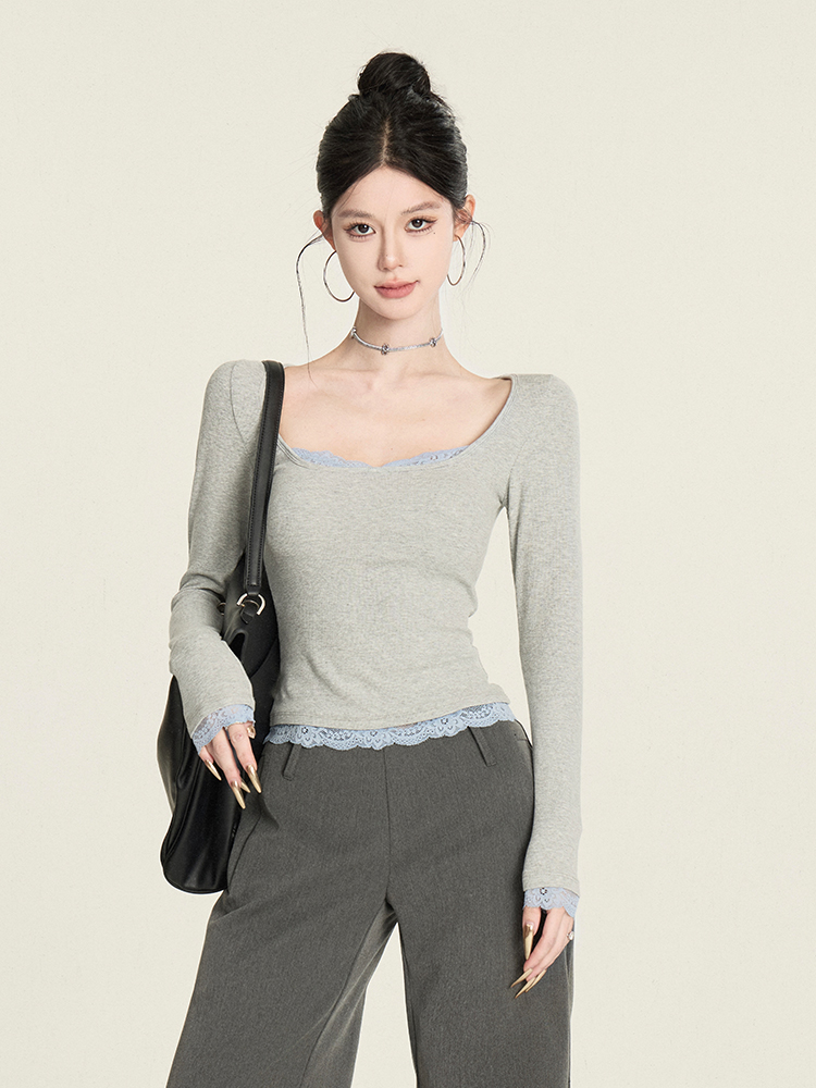 Color-Block Lace Top for Women - Sexy Slim-Fit Faux Two-Piece Long Sleeve Square Neck Short T-Shirt - Y2K Style Color-Block Lace Top for Women - Sexy Slim-Fit Faux Two-Piece Long Sleeve Square Neck Short T-Shirt - Y2K Style