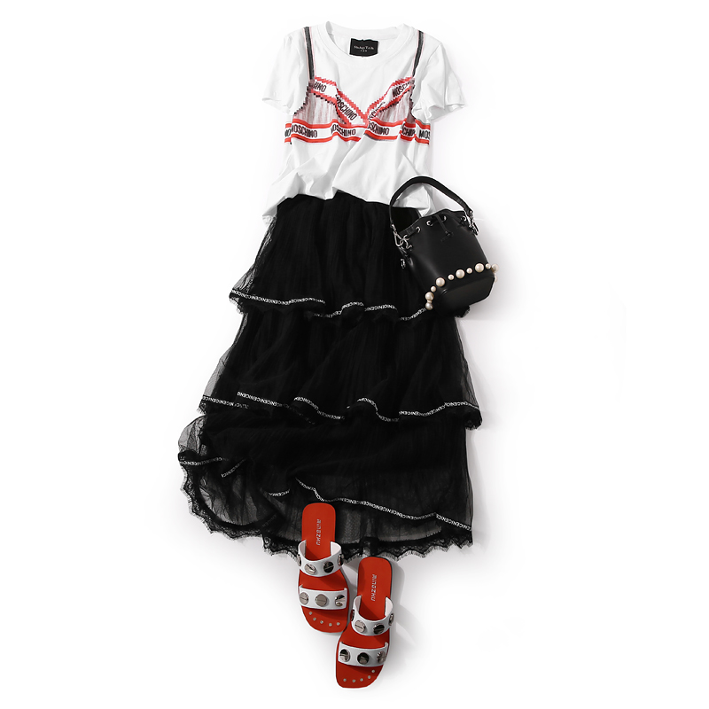 Color-Block Pattern T-Shirt with Letter Lace Trim & Pleated Tulle Cake Skirt Two-Piece Set for Women - Summer European Style