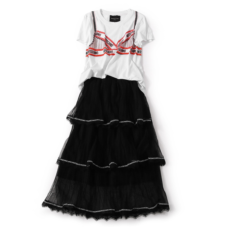 Color-Block Pattern T-Shirt with Letter Lace Trim & Pleated Tulle Cake Skirt Two-Piece Set for Women - Summer European Style Color-Block Pattern T-Shirt with Letter Lace Trim & Pleated Tulle Cake Skirt Two-Piece Set for Women - Summer European Style