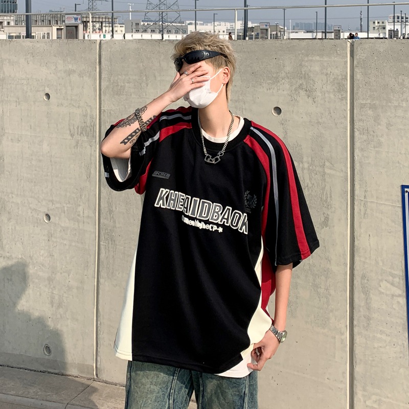 Color-Block Short Sleeve T-Shirt for Men and Women - Trendy American Street Style Casual Racing Outfit for Summer Color-Block Short Sleeve T-Shirt for Men and Women - Trendy American Street Style Casual Racing Outfit for Summer