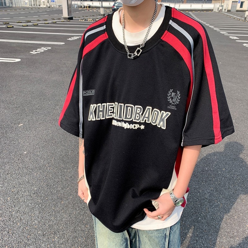 Color-Block Short Sleeve T-Shirt for Men and Women - Trendy American Street Style Casual Racing Outfit for Summer