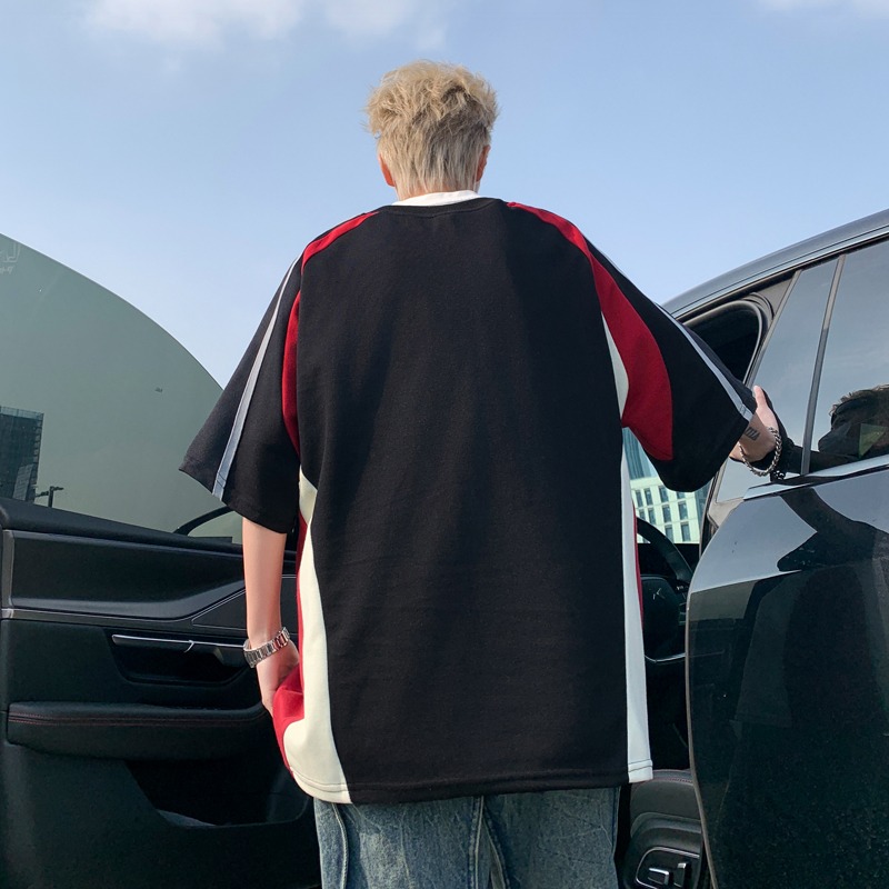 Color-Block Short Sleeve T-Shirt for Men and Women - Trendy American Street Style Casual Racing Outfit for Summer Color-Block Short Sleeve T-Shirt for Men and Women - Trendy American Street Style Casual Racing Outfit for Summer