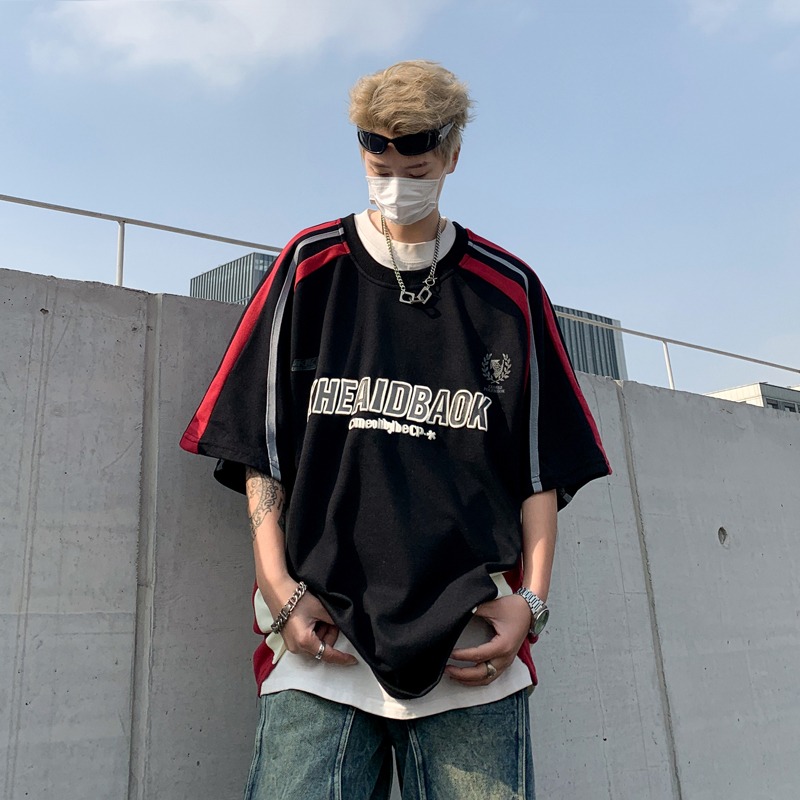 Color-Block Short Sleeve T-Shirt for Men and Women - Trendy American Street Style Casual Racing Outfit for Summer Color-Block Short Sleeve T-Shirt for Men and Women - Trendy American Street Style Casual Racing Outfit for Summer