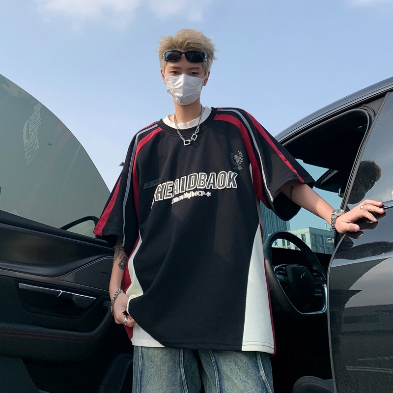 Color-Block Short Sleeve T-Shirt for Men and Women - Trendy American Street Style Casual Racing Outfit for Summer Color-Block Short Sleeve T-Shirt for Men and Women - Trendy American Street Style Casual Racing Outfit for Summer