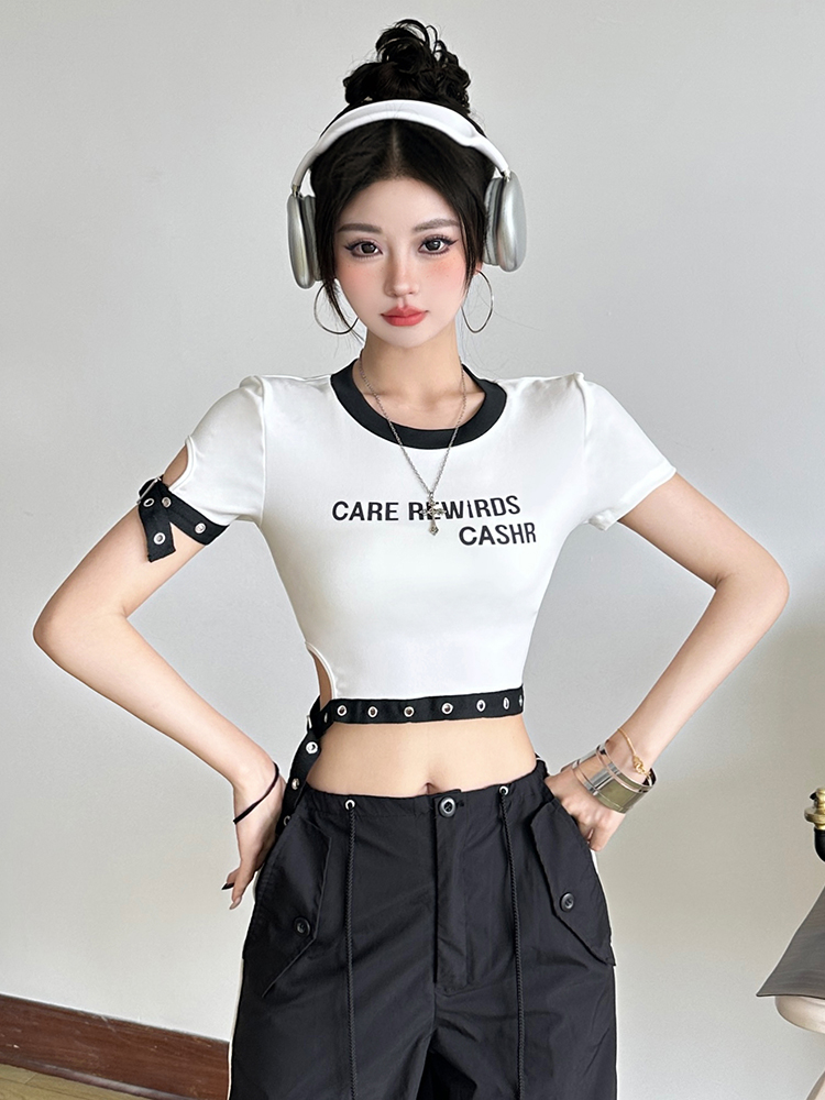 Color Block Spliced Letter Print Short Sleeve T-Shirt for Women - Eccentric Casual Style, Versatile Waist-Defined Top, Y2K Inspired