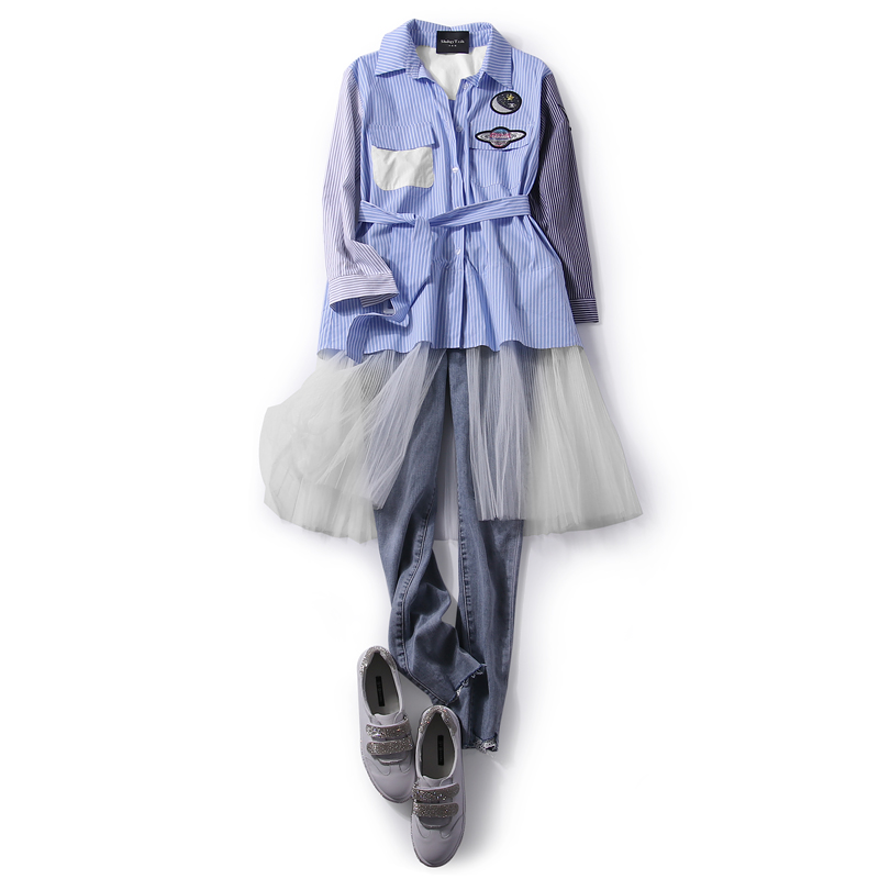Color Block Striped Badge Splicing Mesh Waist Belt Casual Korean Style Shirt Dress for Women - Spring & Autumn Fashion Color Block Striped Badge Splicing Mesh Waist Belt Casual Korean Style Shirt Dress for Women - Spring & Autumn Fashion