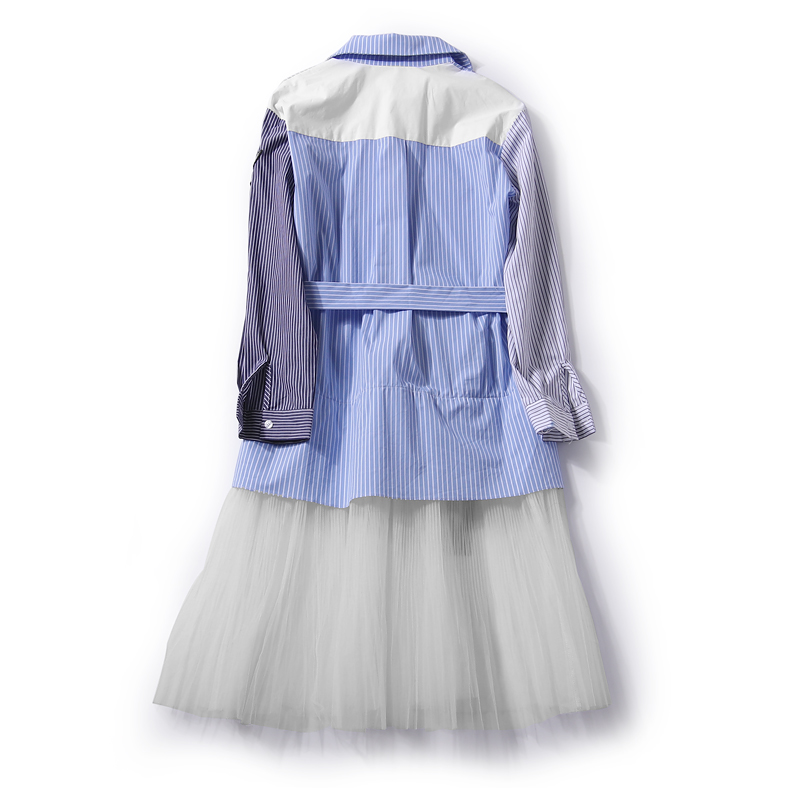 Color Block Striped Badge Splicing Mesh Waist Belt Casual Korean Style Shirt Dress for Women - Spring & Autumn Fashion Color Block Striped Badge Splicing Mesh Waist Belt Casual Korean Style Shirt Dress for Women - Spring & Autumn Fashion