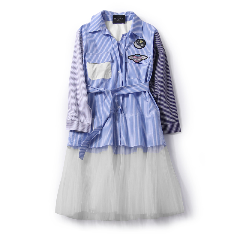 Color Block Striped Badge Splicing Mesh Waist Belt Casual Korean Style Shirt Dress for Women - Spring & Autumn Fashion Color Block Striped Badge Splicing Mesh Waist Belt Casual Korean Style Shirt Dress for Women - Spring & Autumn Fashion