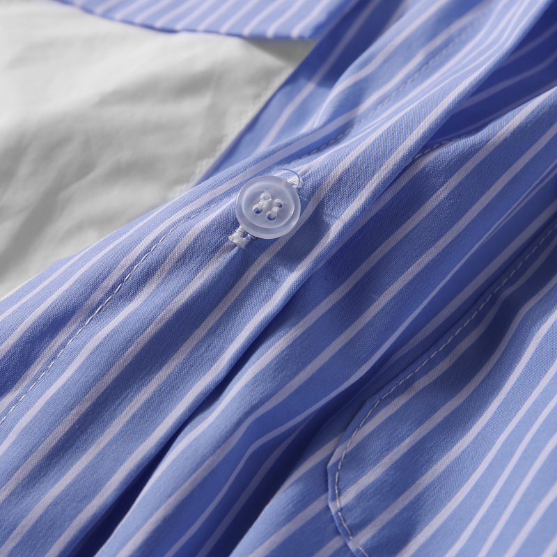 Color Block Striped Badge Splicing Mesh Waist Belt Casual Korean Style Shirt Dress for Women - Spring & Autumn Fashion