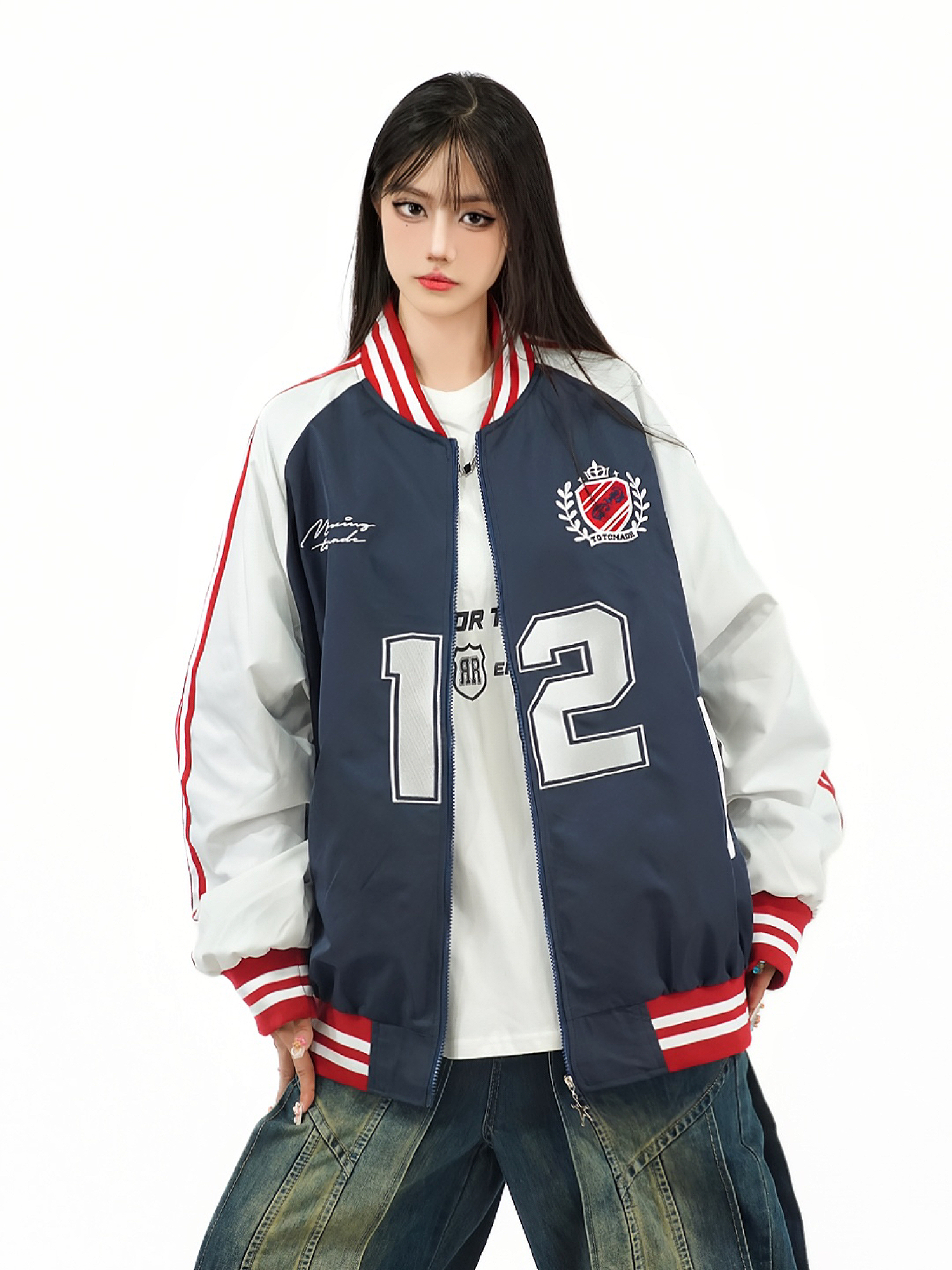 Color-Block Striped Embroidered Flight Jacket for Men and Women - Retro Loose Fit Autumn Outerwear