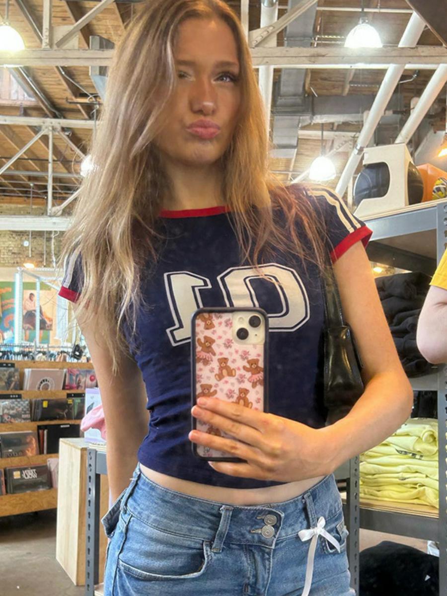 Color-Blocked Cropped T-Shirt with Striped Letters - Slim Fit Round Neck Short Sleeve American Street Casual Style Color-Blocked Cropped T-Shirt with Striped Letters - Slim Fit Round Neck Short Sleeve American Street Casual Style