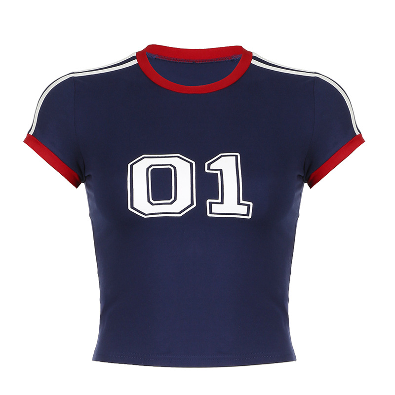 Color-Blocked Cropped T-Shirt with Striped Letters - Slim Fit Round Neck Short Sleeve American Street Casual Style
