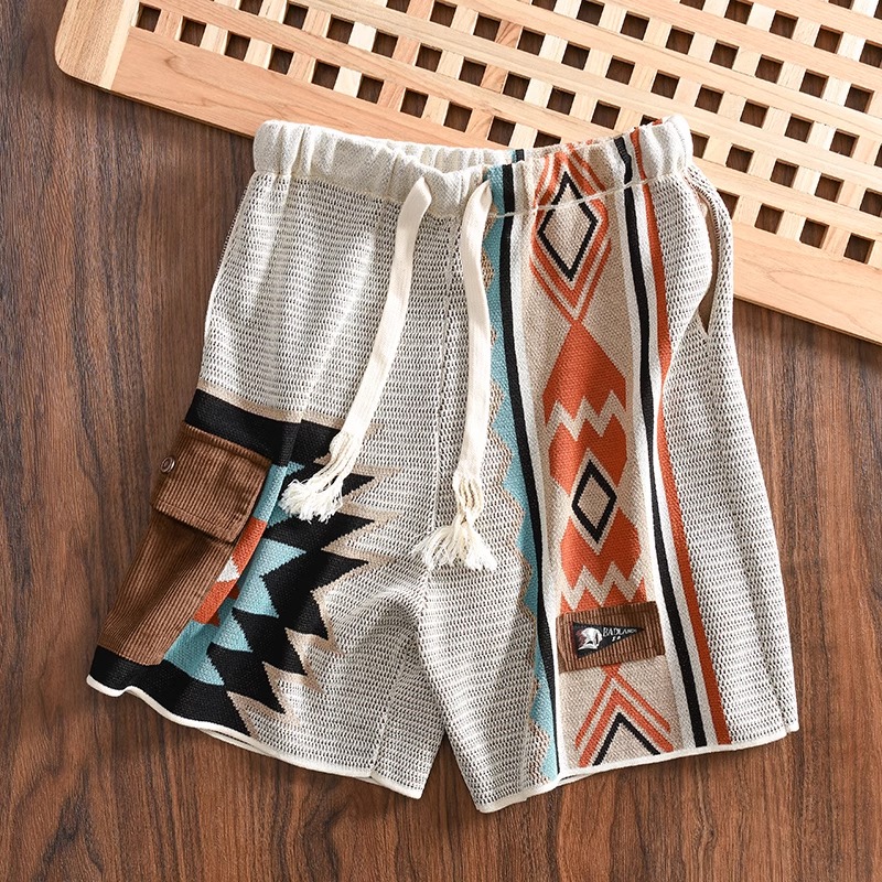 Color-Blocked Navajo Knitted Shorts for Men - Summer Retro 90s Beachwear, Four to Five-Point Length, Stylish Casual Niche Design Color-Blocked Navajo Knitted Shorts for Men - Summer Retro 90s Beachwear, Four to Five-Point Length, Stylish Casual Niche Design