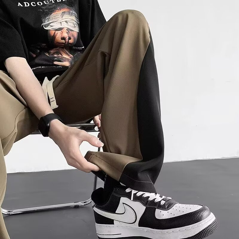 Color-Blocked Spliced Curved Knife Sweatpants for Men, Trendy American Straight-Leg Casual Pants, Loose Wide-Leg Sportswear for Spring & Autumn Color-Blocked Spliced Curved Knife Sweatpants for Men, Trendy American Straight-Leg Casual Pants, Loose Wide-Leg Sportswear for Spring & Autumn