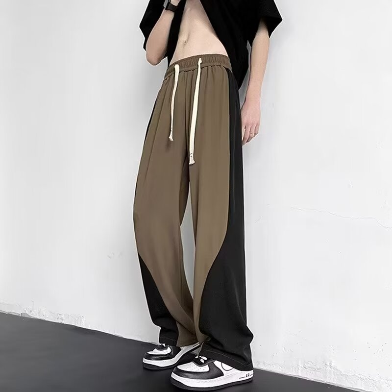 Color-Blocked Spliced Curved Knife Sweatpants for Men, Trendy American Straight-Leg Casual Pants, Loose Wide-Leg Sportswear for Spring & Autumn