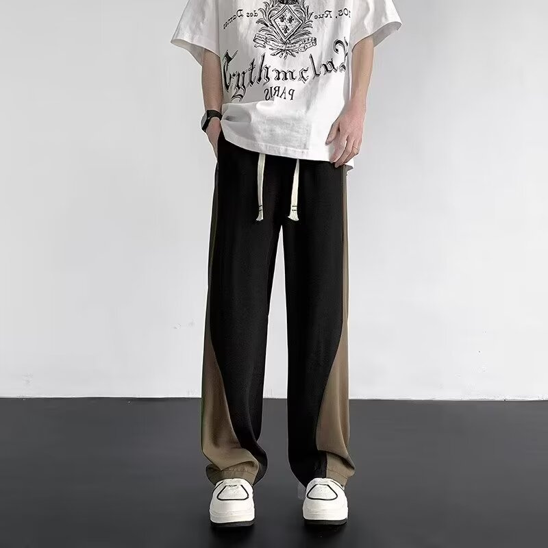 Color-Blocked Spliced Curved Knife Sweatpants for Men, Trendy American Straight-Leg Casual Pants, Loose Wide-Leg Sportswear for Spring & Autumn Color-Blocked Spliced Curved Knife Sweatpants for Men, Trendy American Straight-Leg Casual Pants, Loose Wide-Leg Sportswear for Spring & Autumn