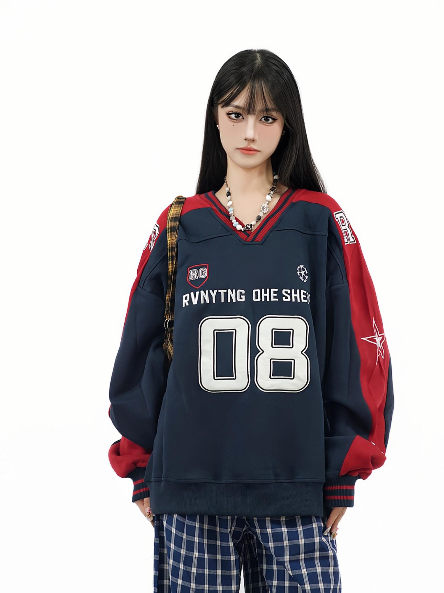 Color-Blocked Star Embroidered V-Neck Sweatshirt - American Retro Jersey Style, Heavyweight Autumn Top, Loose Fit, National Trend Color-Blocked Star Embroidered V-Neck Sweatshirt - American Retro Jersey Style, Heavyweight Autumn Top, Loose Fit, National Trend