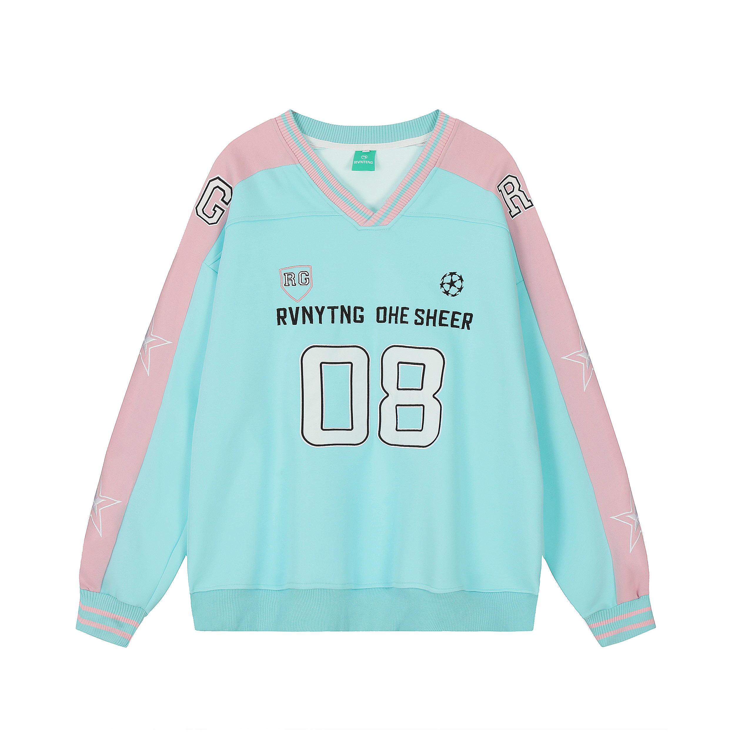 Color-Blocked Star Embroidered V-Neck Sweatshirt - American Retro Jersey Style, Heavyweight Autumn Top, Loose Fit, National Trend Color-Blocked Star Embroidered V-Neck Sweatshirt - American Retro Jersey Style, Heavyweight Autumn Top, Loose Fit, National Trend