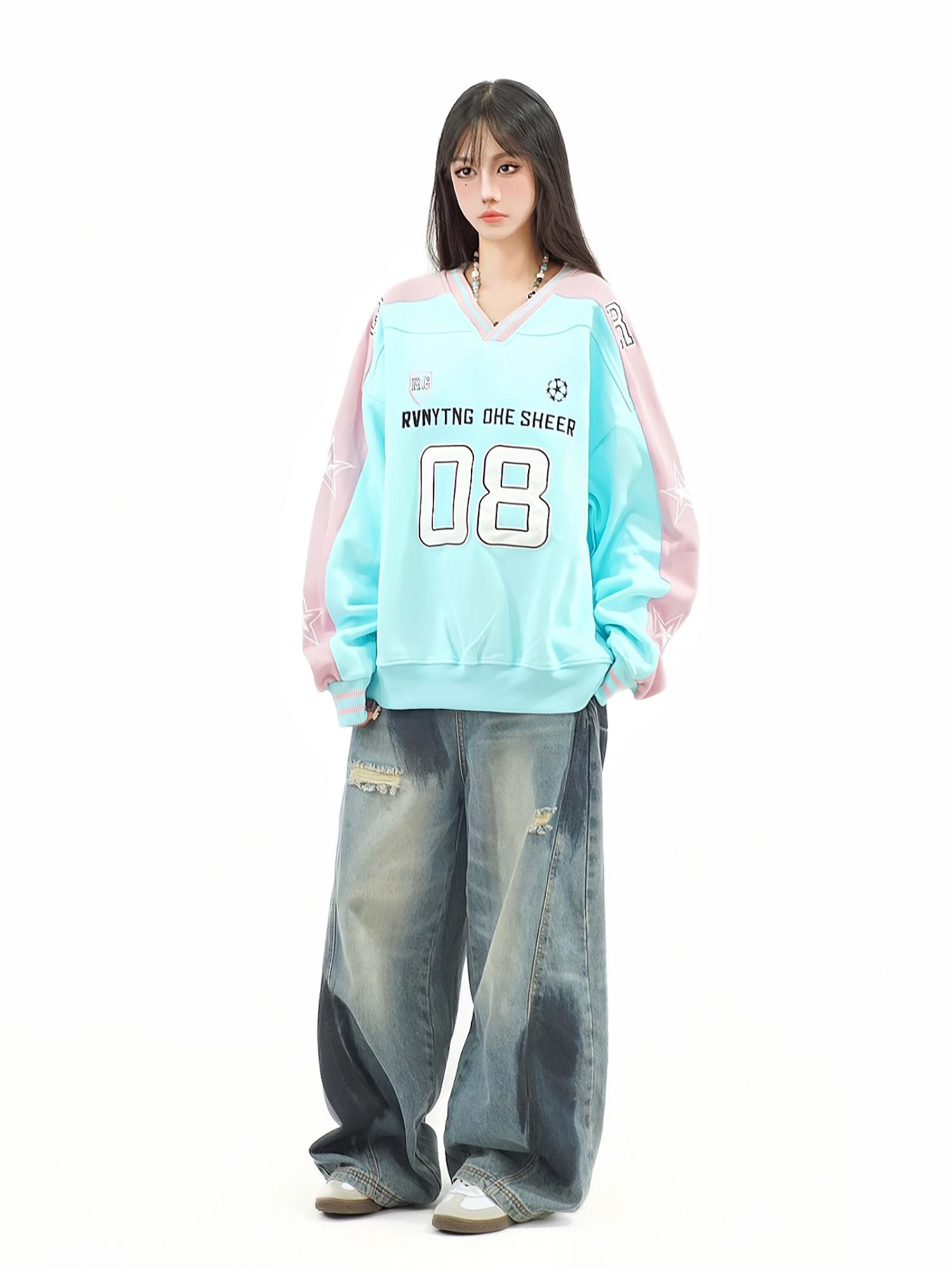 Color-Blocked Star Embroidered V-Neck Sweatshirt - American Retro Jersey Style, Heavyweight Autumn Top, Loose Fit, National Trend Color-Blocked Star Embroidered V-Neck Sweatshirt - American Retro Jersey Style, Heavyweight Autumn Top, Loose Fit, National Trend