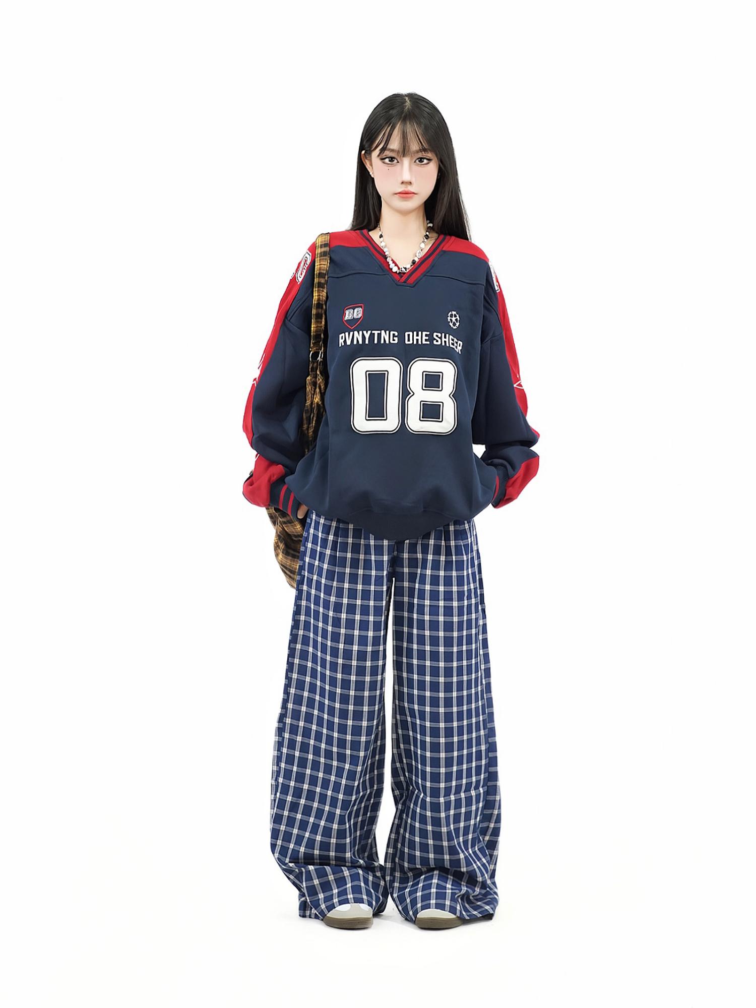 Color-Blocked Star Embroidered V-Neck Sweatshirt - American Retro Jersey Style, Heavyweight Autumn Top, Loose Fit, National Trend Color-Blocked Star Embroidered V-Neck Sweatshirt - American Retro Jersey Style, Heavyweight Autumn Top, Loose Fit, National Trend