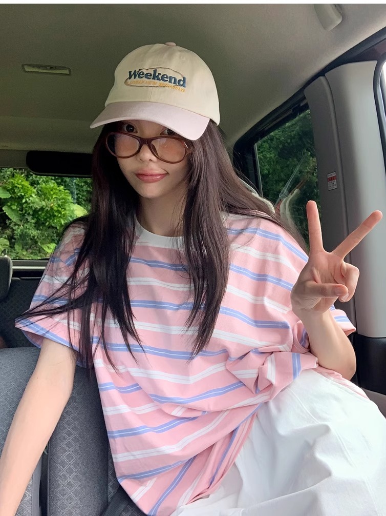 Color-Blocked Striped Casual Short-Sleeve T-Shirt - Handmade Korean Style, Chic 90s Fashion, Perfect for Everyday Wear