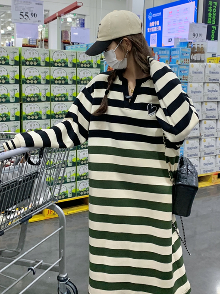 Color-Blocked Striped Patchwork Mid-Length Dress for Women - Loose Casual Korean Style Spring Autumn Dress, Age-Reducing Fashion