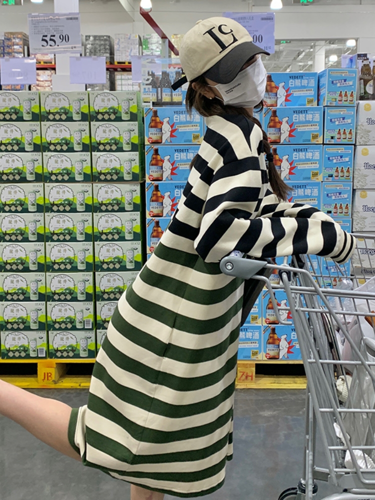 Color-Blocked Striped Patchwork Mid-Length Dress for Women - Loose Casual Korean Style Spring Autumn Dress, Age-Reducing Fashion Color-Blocked Striped Patchwork Mid-Length Dress for Women - Loose Casual Korean Style Spring Autumn Dress, Age-Reducing Fashion