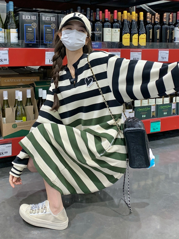 Color-Blocked Striped Patchwork Mid-Length Dress for Women - Loose Casual Korean Style Spring Autumn Dress, Age-Reducing Fashion Color-Blocked Striped Patchwork Mid-Length Dress for Women - Loose Casual Korean Style Spring Autumn Dress, Age-Reducing Fashion