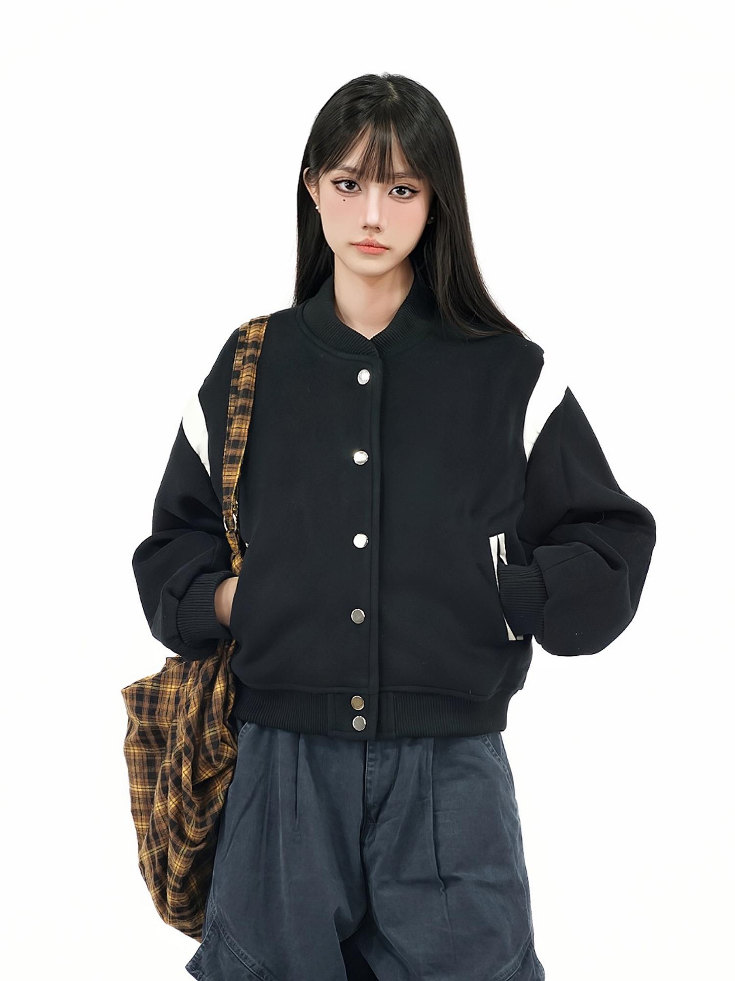 Color-Blocked Wool Baseball Jacket for Women - Vintage American Style, Loose Fit Casual Versatile Outerwear