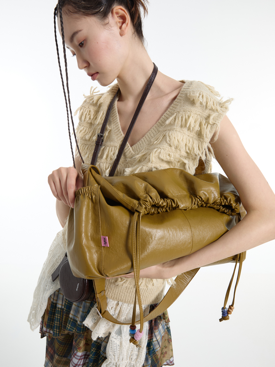 Color-Blocking Natural Stone Drawstring Crossbody Bag - Soft Stacked Lazy Style for Casual Outfits Color-Blocking Natural Stone Drawstring Crossbody Bag - Soft Stacked Lazy Style for Casual Outfits