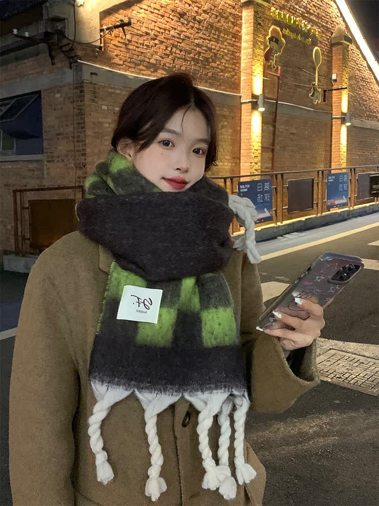 Color-Blocking Scarf - Soft Korean-Style Shawl, Thick Warm Long Versatile Neck Warmer for Cozy Winter Fashion Color-Blocking Scarf - Soft Korean-Style Shawl, Thick Warm Long Versatile Neck Warmer for Cozy Winter Fashion